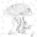 Squirrel and mushroom doodle coloring book. Monochrome decorative ornamental coloring page for adult, for kinder art